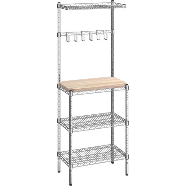 A metal shelf with a wooden top.