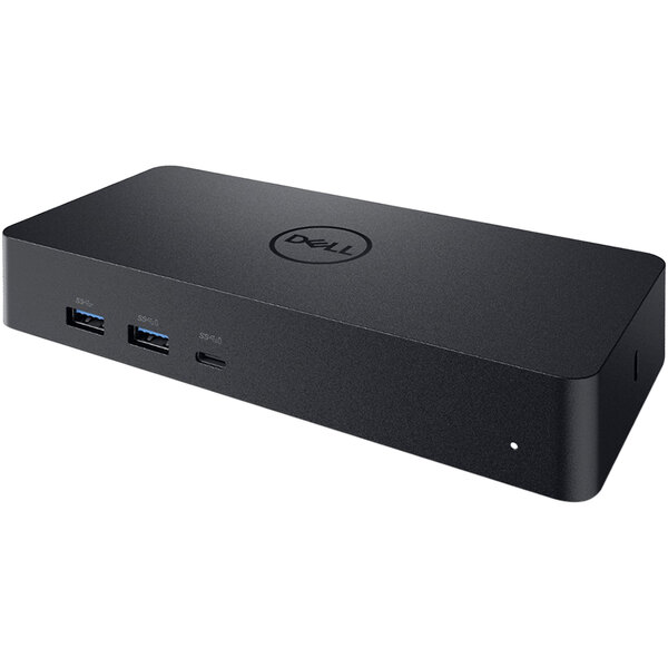 A black rectangular Dell Universal Docking Station with ports on a table.