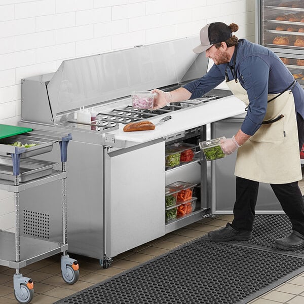 Avantco SS-PT-71M-AC 70" ADA Height 3 Door Stainless Steel Mega Top / Cutting Top Refrigerated Sandwich Prep Table with 11 1/2" Cutting Board