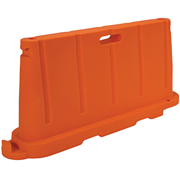 An orange plastic Vestil stackable barrier with holes and a handle.