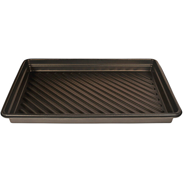 A black rectangular utility tray with stripes on the bottom.
