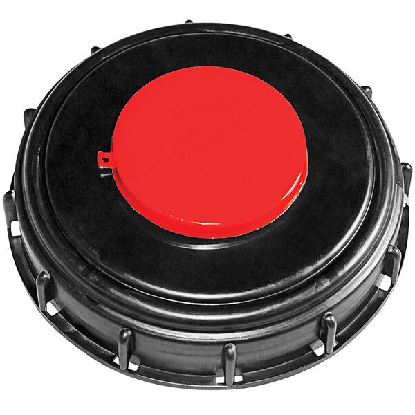 A black round Vestil top cap with a red circle.