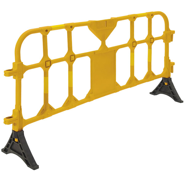 A yellow and black Vestil high-density polyethylene construction barrier with two black legs.