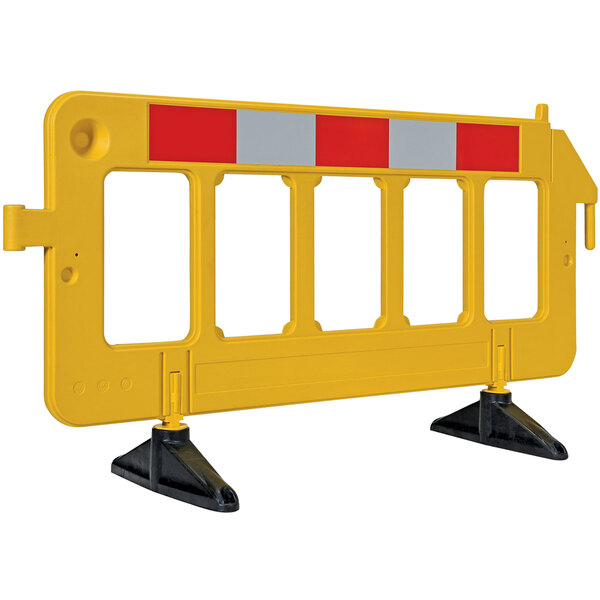 A yellow and white Vestil high-density polyethylene barrier with black legs.