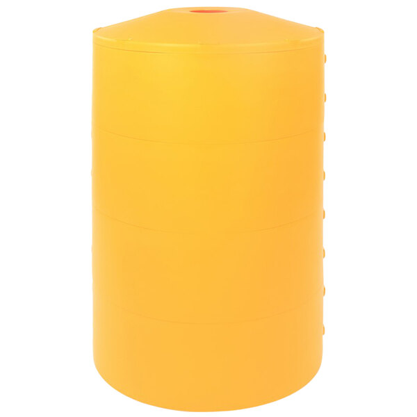 A yellow cylinder with a lid, the Vestil LPBP-24-YL.