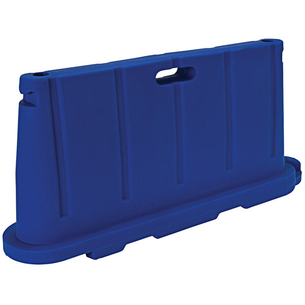 A blue plastic Vestil stackable barrier with holes.