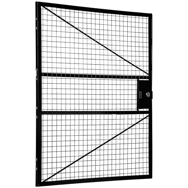 A black steel hinged door with a grid on it.