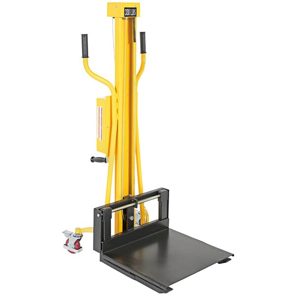 A yellow Vestil portable hand winch lifter with black handles.