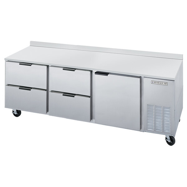 A Beverage-Air stainless steel worktop refrigerator with 4 drawers on wheels.