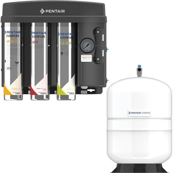An Everpure reverse osmosis water filter system with a white 5 gallon tank.