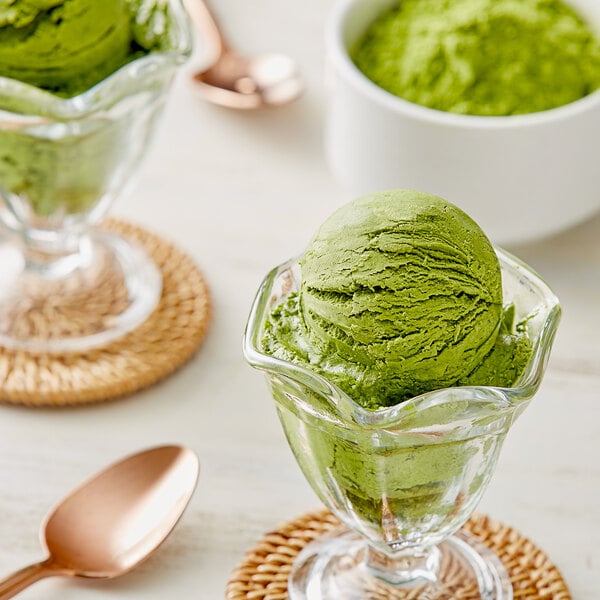 A bowl of green ice cream with Jade Leaf Matcha Powder on top.
