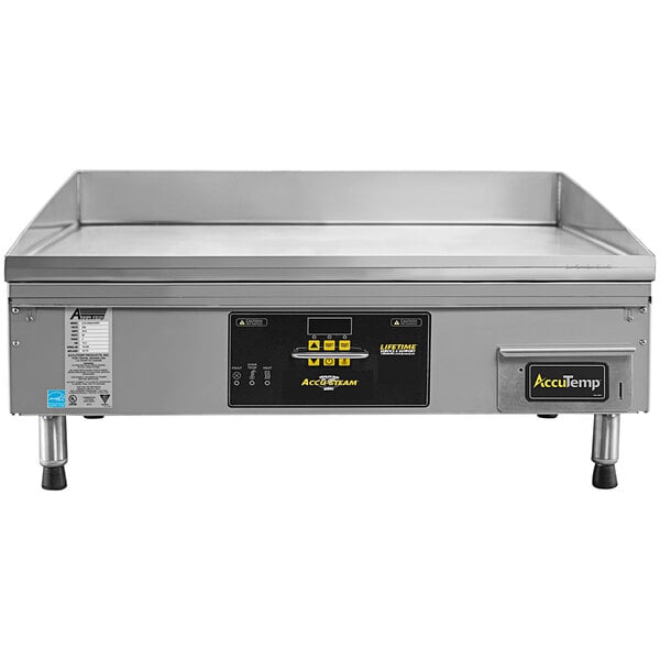 An AccuTemp countertop electric griddle with a stainless steel top.