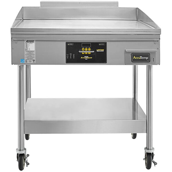 An AccuTemp stainless steel commercial griddle on wheels.