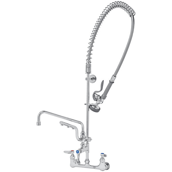 A T&S wall-mounted pre-rinse faucet with a hose and sprayer.