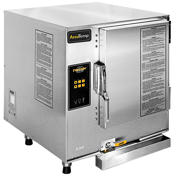 A large metal AccuTemp Evolution countertop steamer with a stainless steel door.