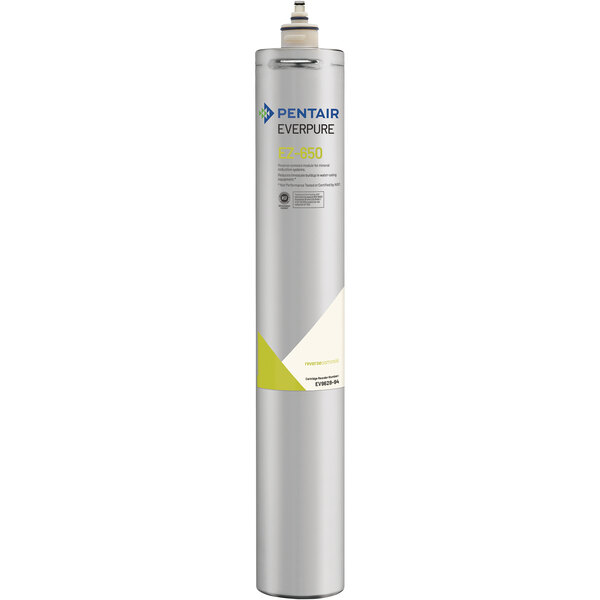An Everpure RO membrane cartridge in a silver cylinder with a yellow and green label.