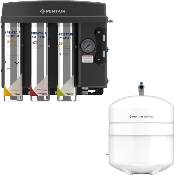 A black Everpure reverse osmosis device with several silver cylinders and a white Everpure water tank with a blue label.