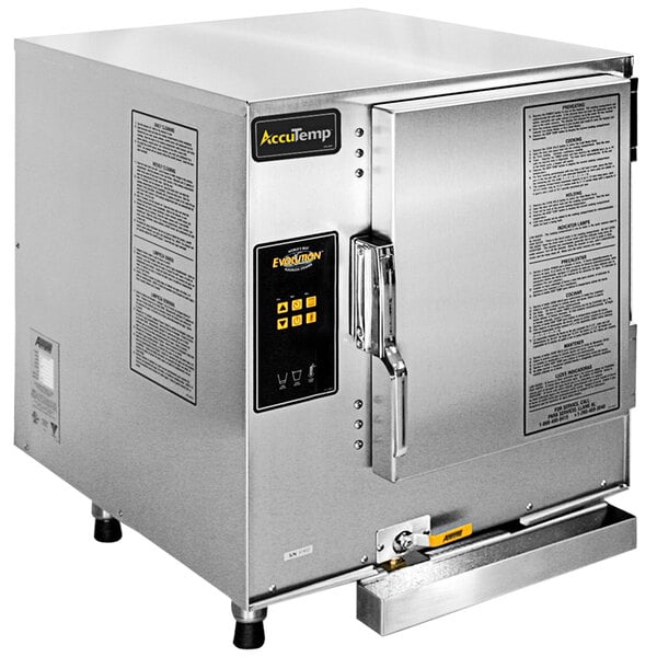 A stainless steel AccuTemp Evolution countertop steamer with a large metal door.