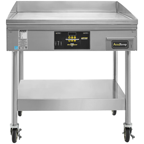 An AccuTemp stainless steel electric griddle on wheels.