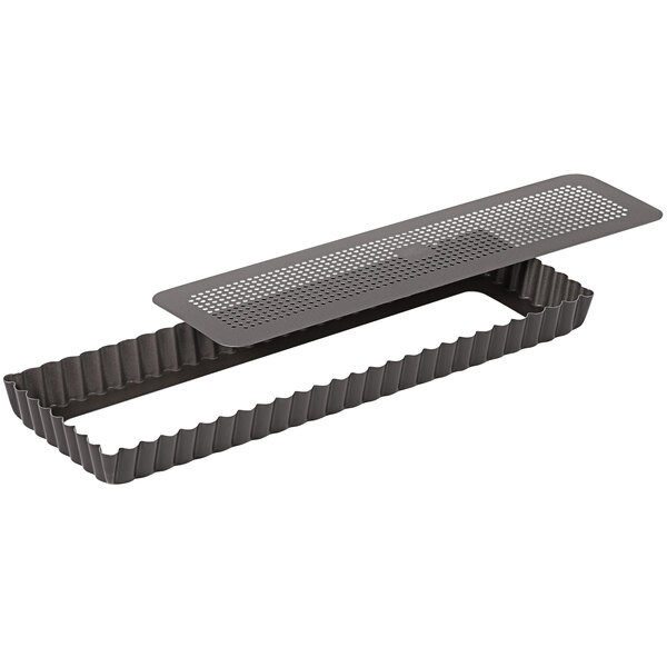 Gobel 13 11/16" x 4 5/16" x 1" Perforated Oblong Fluted NonStick Tart