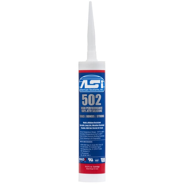 An American Sealants white tube of Aluminum/Stainless Steel Finish Silicone Sealant with a blue label and a white cap.