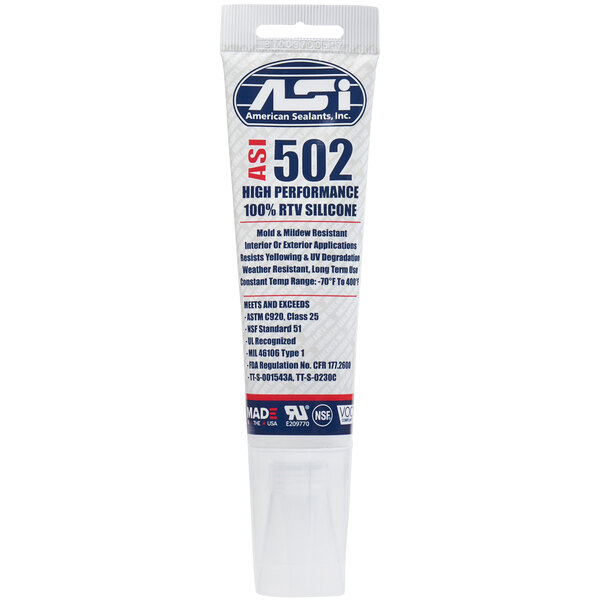 A white tube of American Sealants clear silicone sealant with blue text.
