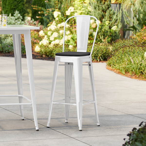 Lancaster Table & Seating Alloy Series Pearl White Outdoor Cafe Barstool with Black Fabric Magnetic Cushion