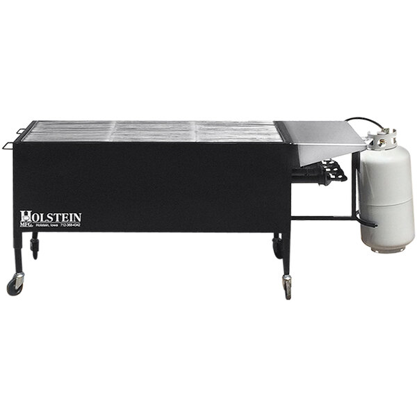 A black Holstein Manufacturing propane grill on a black rectangular table.