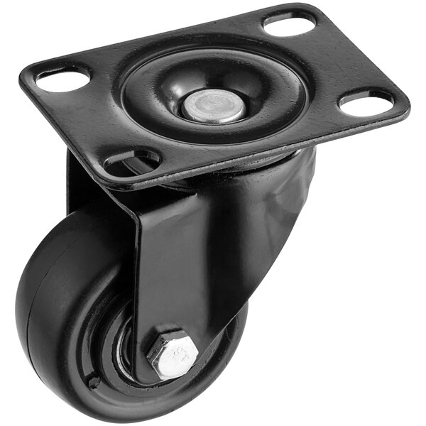 A Galaxy black swivel caster with a black wheel and metal plate.