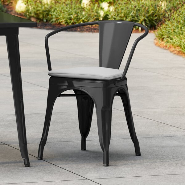 Lancaster Table & Seating Alloy Series Black Outdoor Arm Chair with Gray Fabric Magnetic Cushion