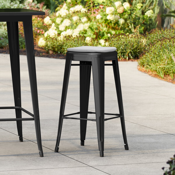 Lancaster Table & Seating Alloy Series Onyx Black Outdoor Backless Barstool with Gray Fabric Magnetic Cushion