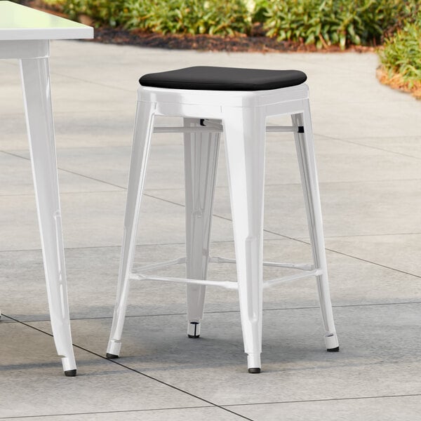 Lancaster Table & Seating Alloy Series Pearl White Outdoor Backless Counter Height Stool with Black Fabric Magnetic Cushion