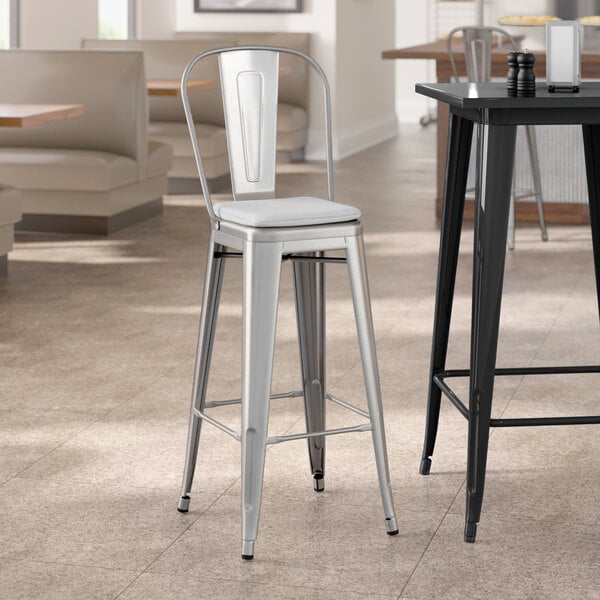 Lancaster Table & Seating Alloy Series Clear Coat Indoor Cafe Barstool with Gray Fabric Magnetic Cushion