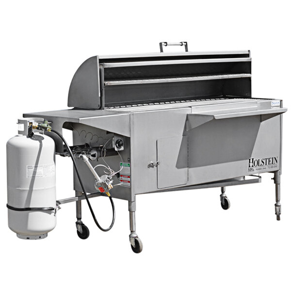 A Holstein Manufacturing stainless steel propane grill with a gas tank and a hose.