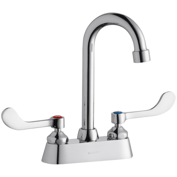 A silver Elkay deck-mount faucet with 4" gooseneck swing spout and 4" wristblade handles.