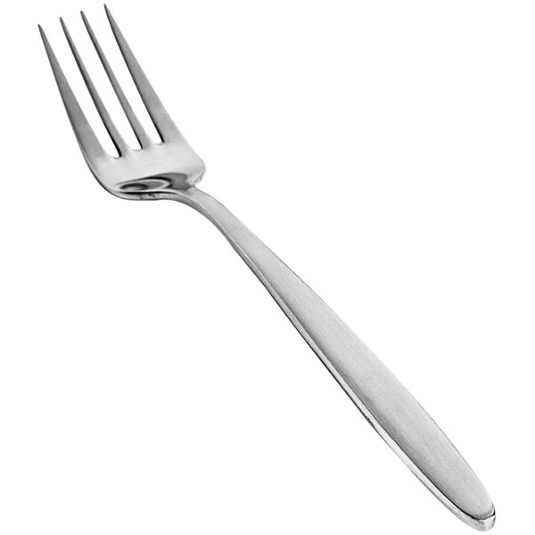 The front of a silver Front of the House Luca dinner fork with a brushed finish.