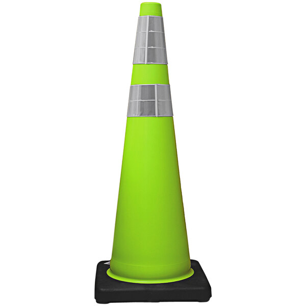 A Cortina lime green traffic cone with double reflective collars on a black base.