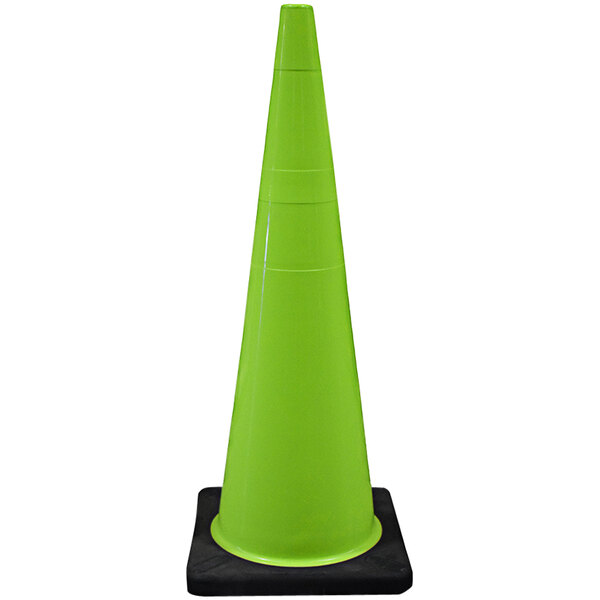 A Cortina lime green traffic cone on a black base.