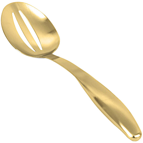 A Front of the House gold stainless steel slotted serving spoon with a matte brass handle.