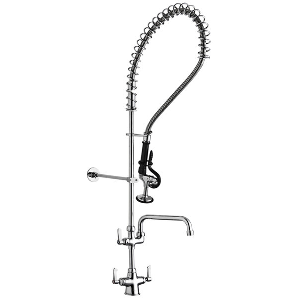 A close-up of a chrome Elkay pre-rinse faucet with a curved hose.