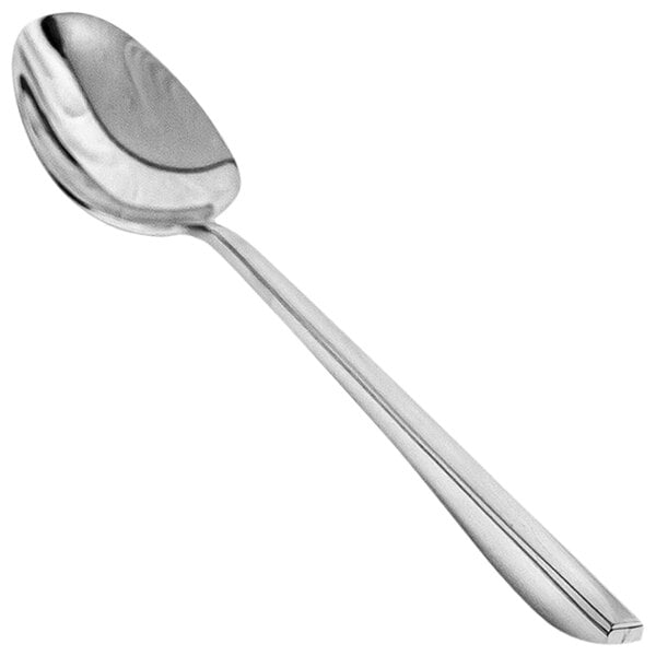 A close-up of a silver Front of the House Liam teaspoon with a long handle on a white background.