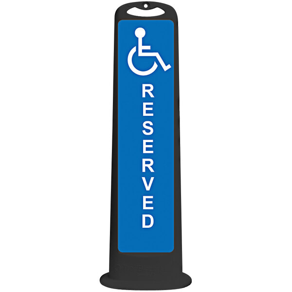 A black rectangular sign with the word "Reserved" in white and blue.
