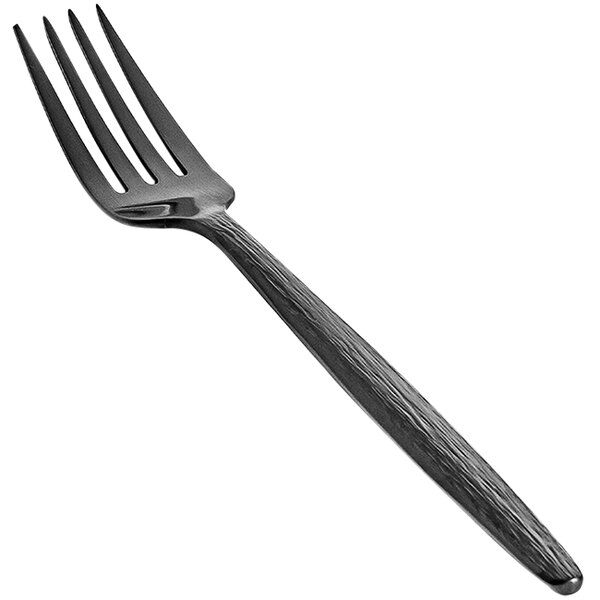 The front of a Front of the House Owen stainless steel dinner fork with a matte black handle.