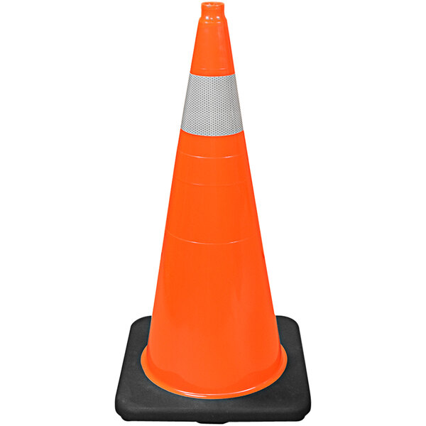 An orange traffic cone with a white stripe on the top sitting on a black base.