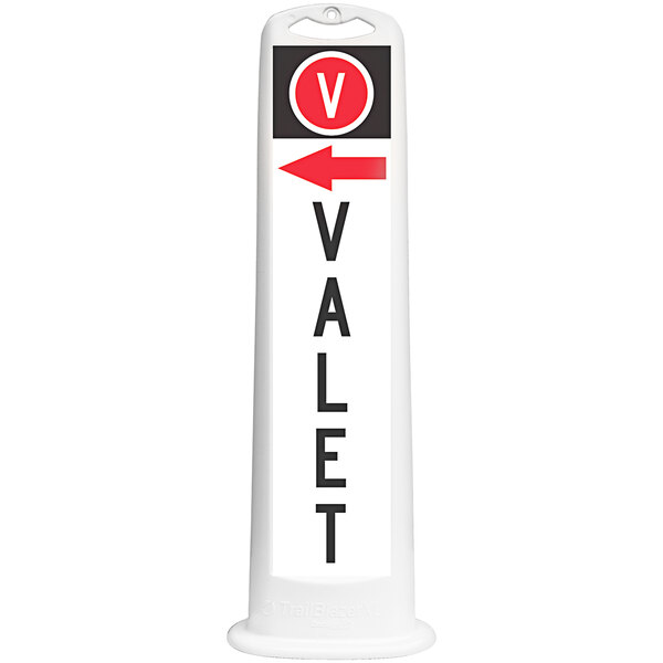 A white rectangular Cortina parking sign with black letters reading "Valet" and a left arrow.