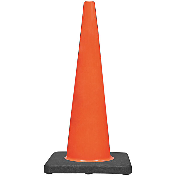 A close-up of a Cortina orange traffic cone on a black base.