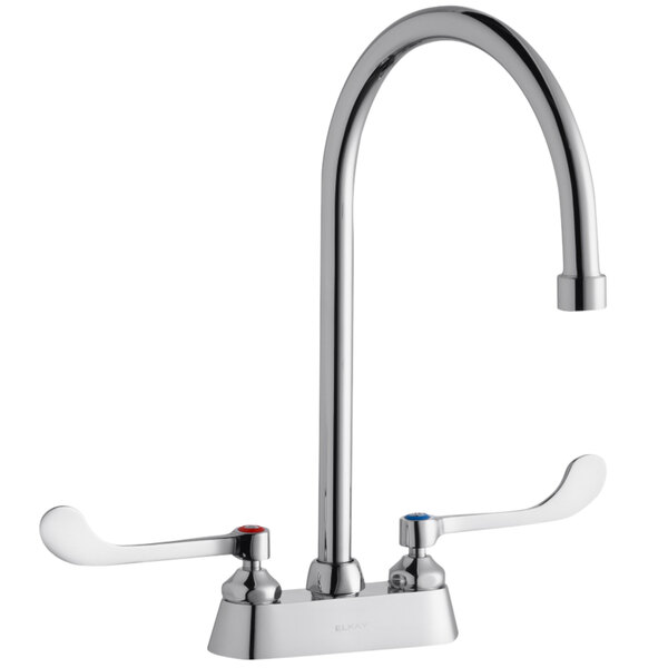 An Elkay deck-mount faucet with gooseneck spout and wristblade handles.