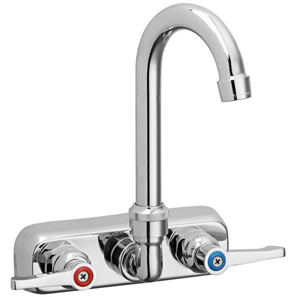 A silver Elkay wall mount faucet with 2" lever handles with red and blue accents.