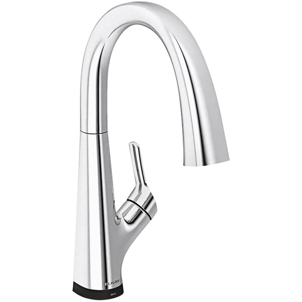 An Elkay Avado deck-mount chrome kitchen faucet with a black and chrome lever handle.