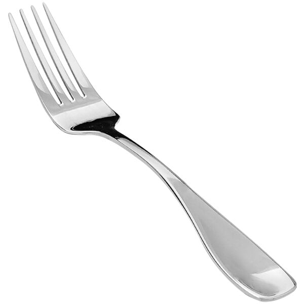 The front of a silver Front of the House Cameron dinner fork with a white background.